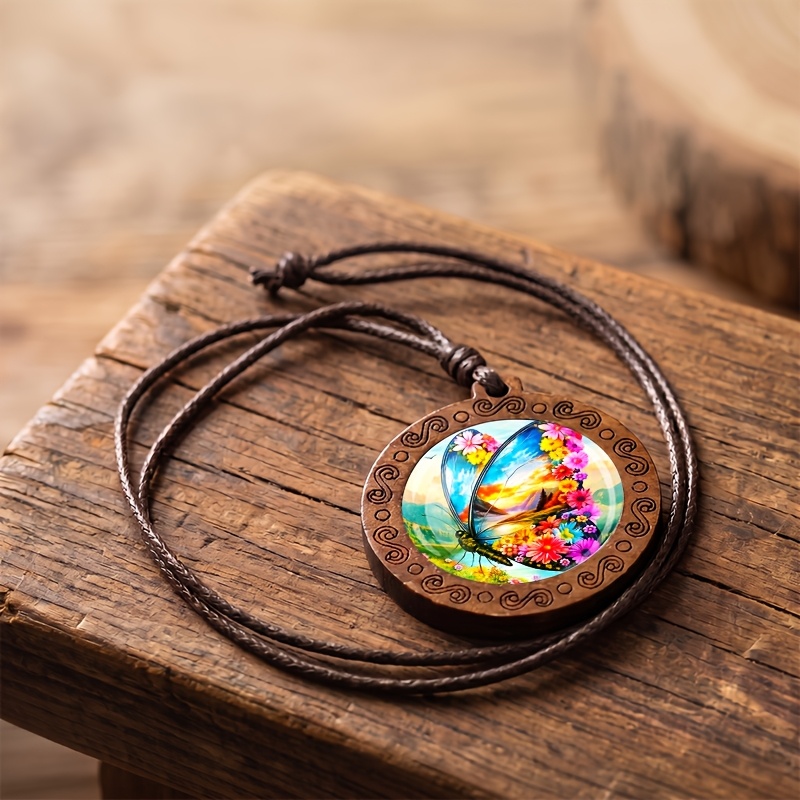 Flower Wing Morning Scene Wooden Necklace, Vintage Style